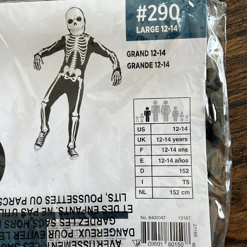 new glow in the dark x-ray skeleton costume size 12/14years